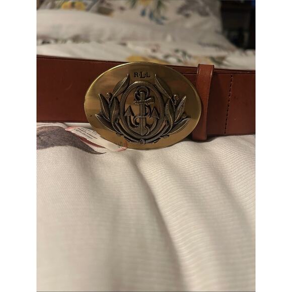 VTG Ralph Lauren Tan Leather Belt Brass Anchor Emblem Buckle XL main image 5